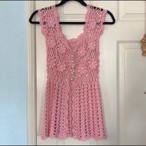 floral/flowers pink crochet knit cardigan top pearl buttons